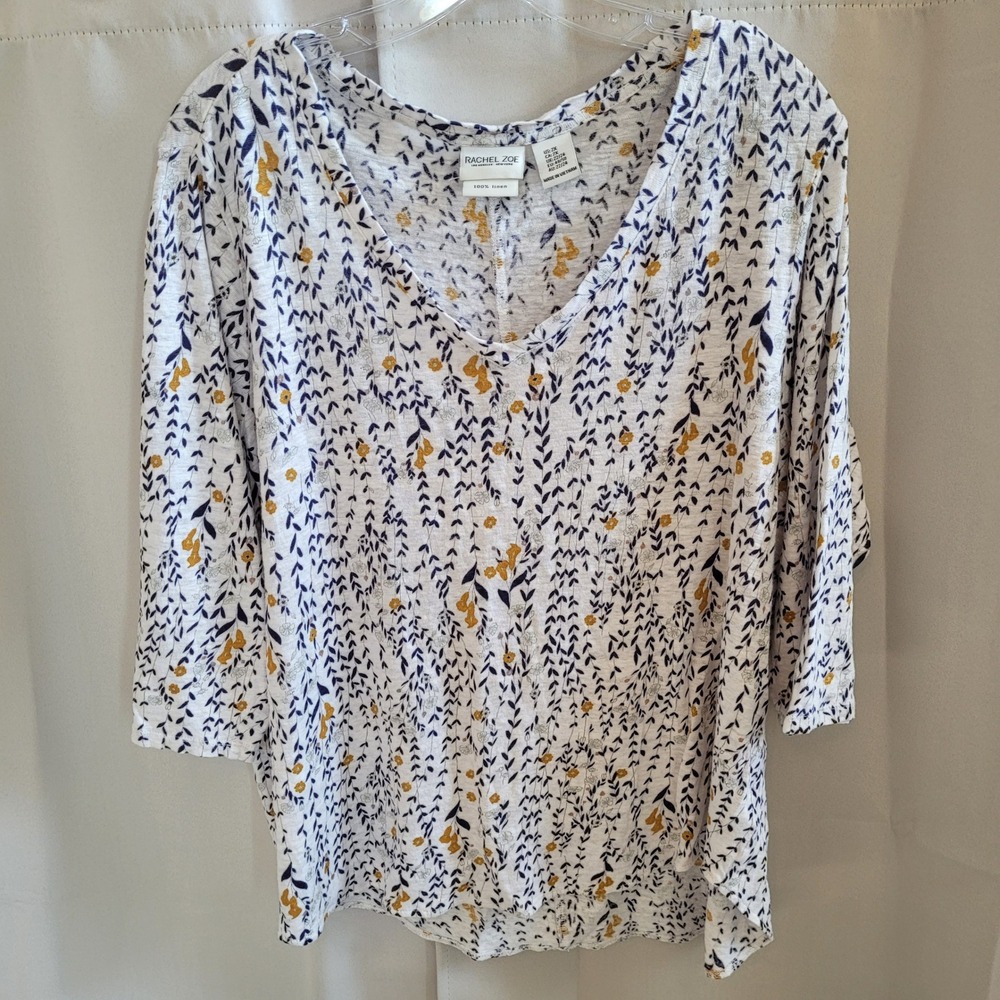 Rachel Zoe Womens Top 2X 100% Linen Floral Boho Coastal Nature Cottage 21734